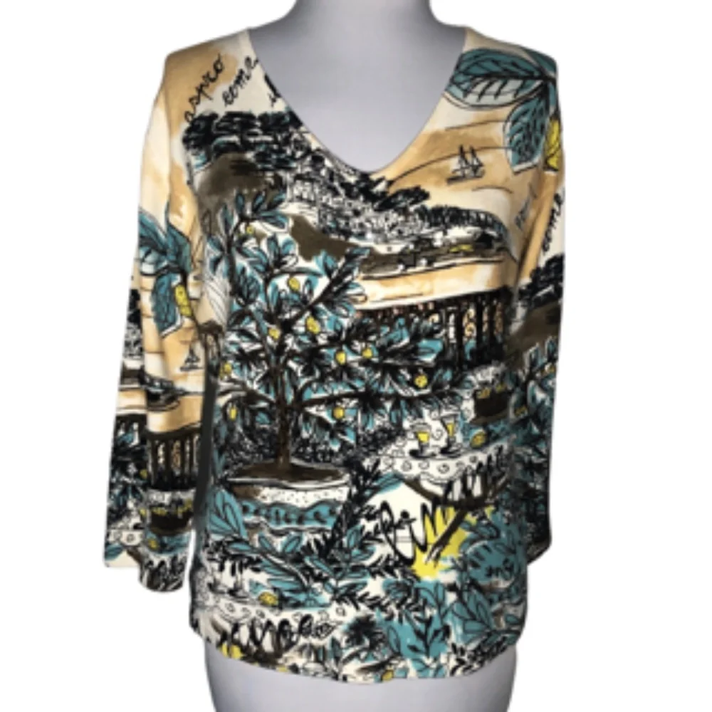 Perri NY Beaded Sequin V-Neck 3/4 Sleeve Pullover Garden Print Sweater Size L